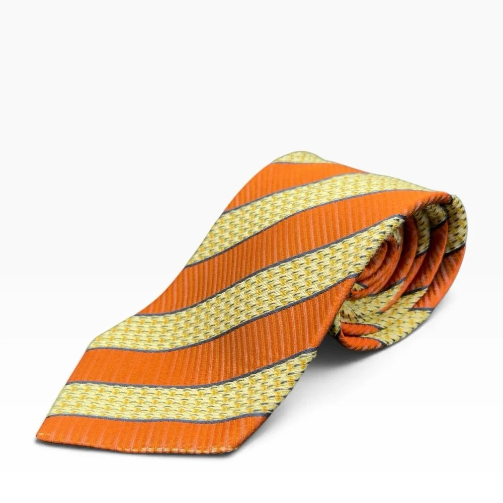 Ermenegildo Zegna Silk Necktie Striped Orange Yellow Blue Italy 3.75x59.5